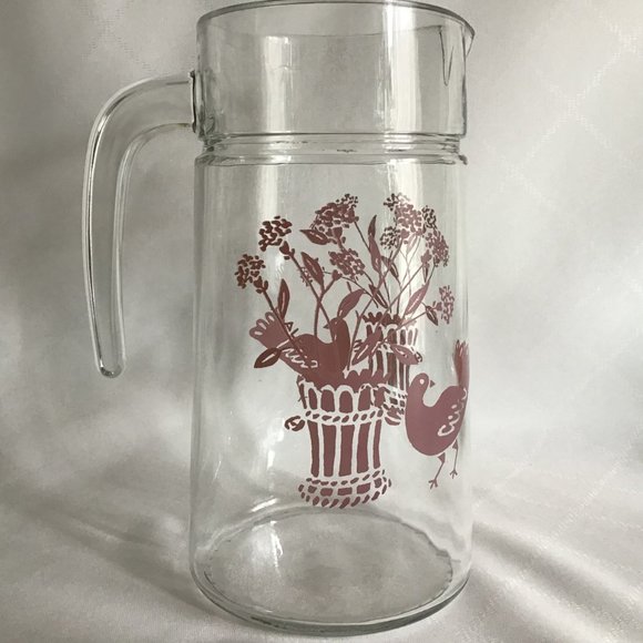 Vintage Glass Pitcher Made in France Pink  Graphics of Bird and Basket - Picture 3 of 6